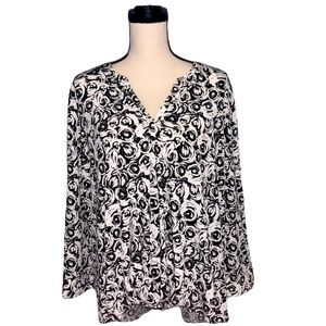 New Directions Black White Rose Floral Print V Neck Hi Low Long Sleeve Blouse